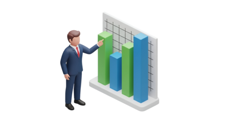 3d icon of businessman presenting bar graph isolated on transparent background, showcasing data analysis and financial growth