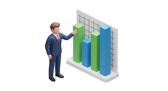 3d icon of businessman presenting bar graph isolated on transparent background, showcasing data analysis and financial growth