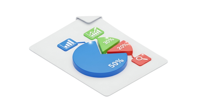 3d icon of pie chart with data analysis isolated on transparent background, representing statistics, market share, and insights
