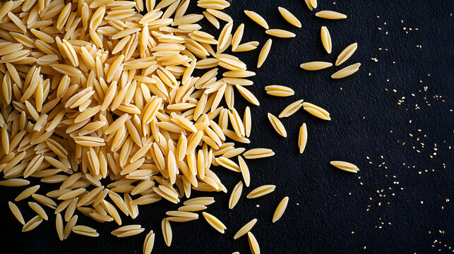 Orzo pasta laid out in a harmonious spread, forming a visually soothing pattern on a black background, each rice-shaped grain clearly visible.