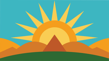 Vector art of a stylized sun rising over a desert landscape with pyramids and mountains, creating a warm and inviting scene