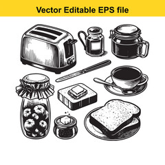Vector art of a breakfast scene with a toaster, coffee cup, toast, jam jars, and butter, isolated on a