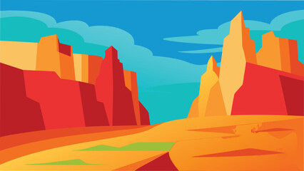 Vector art of a vibrant cartoon illustration of a desert landscape with towering rock formations and a clear blue sky above