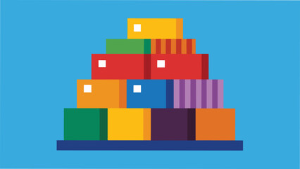 Vector art of a colorful cartoon illustration of stacked boxes forming a pyramid shape against a bright blue background