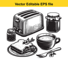 Vector art of a vintage black and white illustration of a toaster, coffee cup, toast with flowers, and jam jars