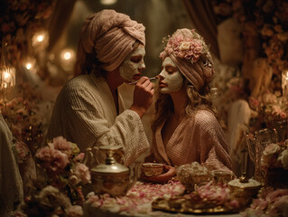 Romantic couple in spa setting wearing face masks and robes, surrounded by candles and flowers, enjoying a luxurious self-care moment.