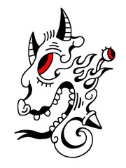Psychedelic Daemon Head: Red Eye, Fire, and Bold Line Art