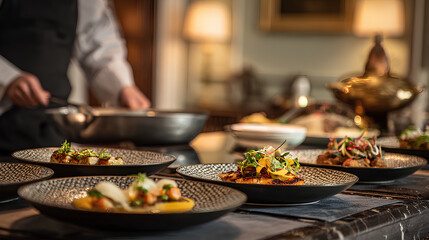 Private chef tasting plates home dining gourmet fine dining plated food microgreens sauce seared cozy ambience evening elegant culinary art artisan seasonal fresh herb garnish savory appetizer