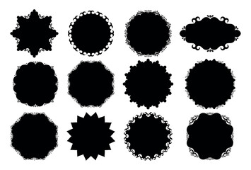Set of decorative black silhouette frames in various shapes. Rounded and oval frames with decorative swirls for vintage design, invitations, announcements, photographs