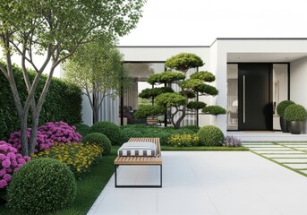 Obraz premium Modern house with beautiful garden and bench in front of the entrance