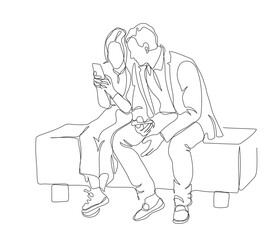 Couple using phone and sitting on park bench. Internet addiction. Continuous line drawing. Black and white vector in line art style. Editable stroke.