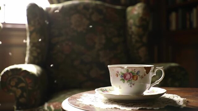Cozy vintage teacup with floral design on wooden table, armchair in background, peaceful tea time, antique furniture, indoors scene with library and soft natural light.