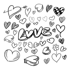 Set, collection of various brush, chalk, marker drawn line heart shapes, silhouettes, outlines
