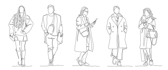 Fototapeta premium People walking set. Autumn warm clothing. Front view. Continuous line drawing elements.Vector illustration in line art style. Editable stroke.