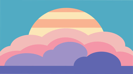 Vector art of a colorful flat illustration of a sunset with clouds and a sun in pastel colors in the sky