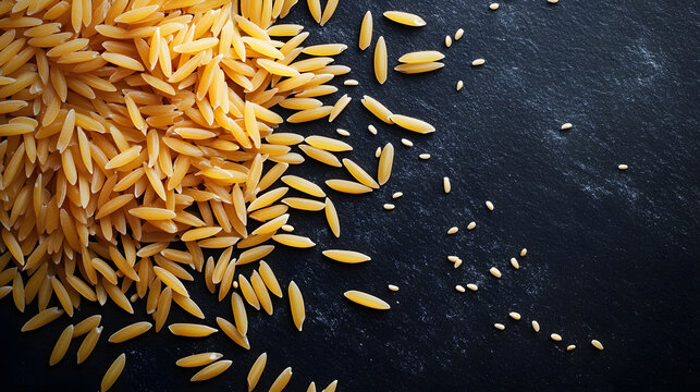 Orzo pasta spread evenly over a black surface, each tiny grain resembling rice with a smooth, glossy sheen.
