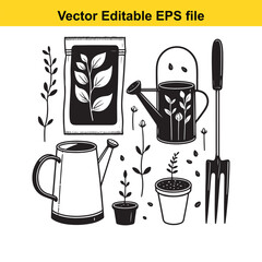 Vector art of a collection of gardening tools and supplies, including watering cans, seed packets, plants, and a fork