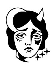Sad Demon Girl with Moon & Stars. Dark Traditional Art.