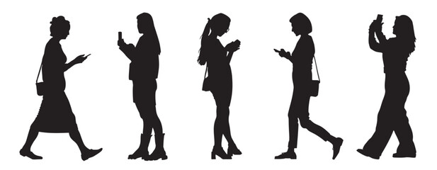 Silhouettes of women using mobile phones. Side view. Technology. Black vector illustration isolated on white background.