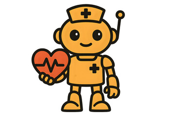 Obraz premium Yellow orange futuristic nurse robot holding glowing red heart, AI healthcare medical assistant bot symbolizing patient support, hospital care, digital therapy, love, and wellness