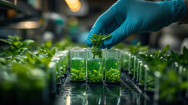 Scientists cultivating plants in test tubes inside a modern laboratory for research on growth and sustainability practices