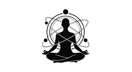 Silhouette of a person meditating with atomic orbits symbolizing cosmic connection and inner peace.