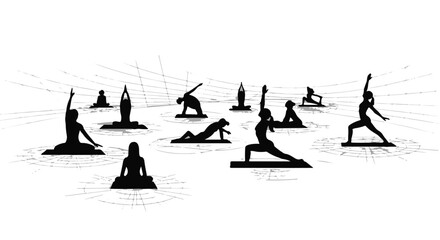 Diverse group of people practicing yoga poses in a serene, artistic setting.