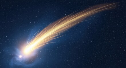 Bright comet hurtling through space with a long tail and starry background