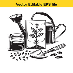 Vector art of a still life composition of gardening items, including a watering can, seed packet, small jar, and trowel