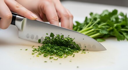 Chopping fresh herbs on a cutting board for cooking.