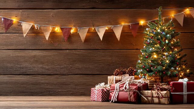 Cozy Christmas background with a decorated tree, glowing lights, and wrapped gifts on rustic wooden planks, perfect for holiday greetings.