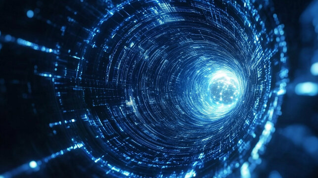 Hi-tech abstract background with digital lines forming a space tunnel. Concept of HUD, AI, technology, and futuristic science. Ideal for tech, science, and digital design projects.