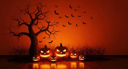 Halloween pumpkins and spooky tree under orange sky