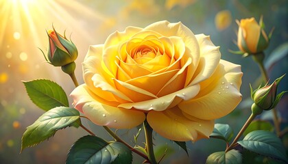 Golden rose blooms in sunlight.  Detailed, vibrant yellow rose with dew drops,  surrounded by buds and leaves.  Soft, glowing light highlights the flower