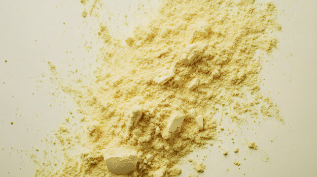 Pale yellow asafoetida powder in fine dust, lightly sprinkled on a smooth white background.