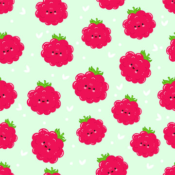 Cute smiling raspberry fruit seamless pattern
