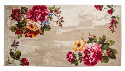 Beige Floral Rug with Red, Yellow Roses and Flowers Pattern