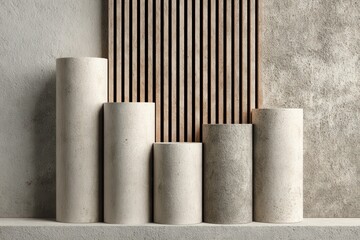 Neutral tones and natural textures create a minimalist still life featuring stone and ribbed surfaces along with elegant pottery