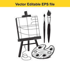 Vector art of artists tools including an easel, canvas, paint palette, and brushes
