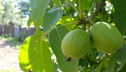 Green Walnuts Growing on Tree Branch, Summer Sunlight