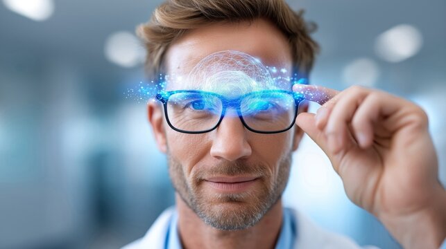 Male doctor in a modern hospital setting, examining a digital hologram overlay. Focused expression, highlighting advanced medical technology and innovation.