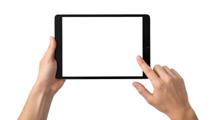 Male hands holding a digital tablet with a blank screen, finger tapping it. Isolated on transparent background, png

