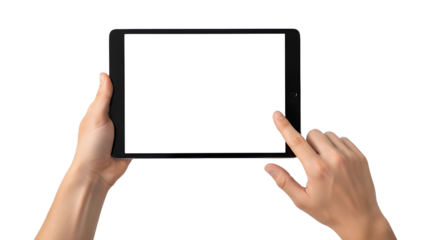 Male hands holding a digital tablet with a blank screen, finger tapping it. Isolated on transparent background, png
