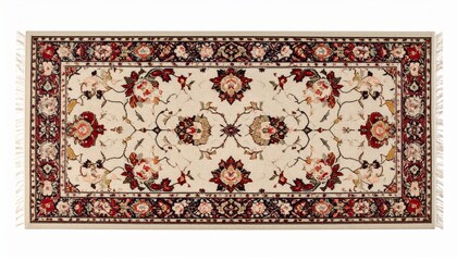 Elegant Cream Floral Persian Rug with Red Border and Fringes