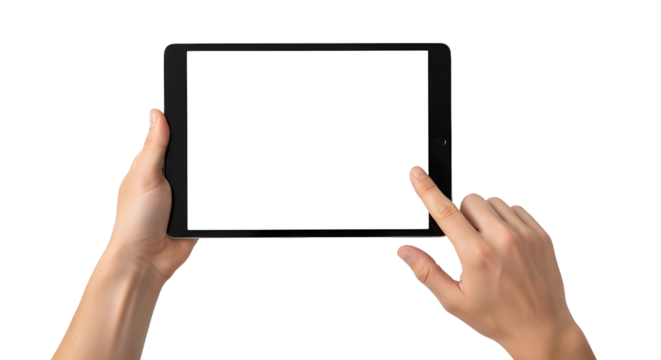 Male hands holding a digital tablet with a blank screen, finger tapping it. Isolated on transparent background, png
