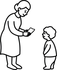 Old woman showing paper to child line drawing smiling grandchild teaching