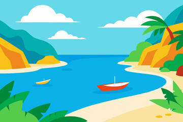 Fototapeta premium Tropical bay with boats and palm trees in flat design