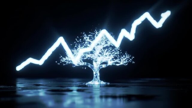 Digital tree with an upward glowing growth chart on a dark background, symbolizing financial success and sustainable future.