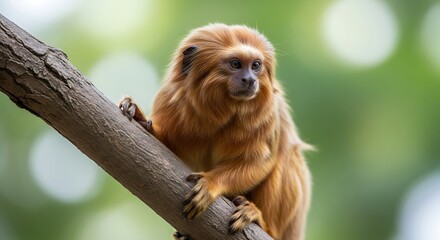 Golden Lion Tamarin Perched on a Tree Branch in its Natural Habitat.