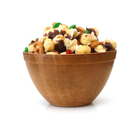 Stack chocolate popcorn on white background